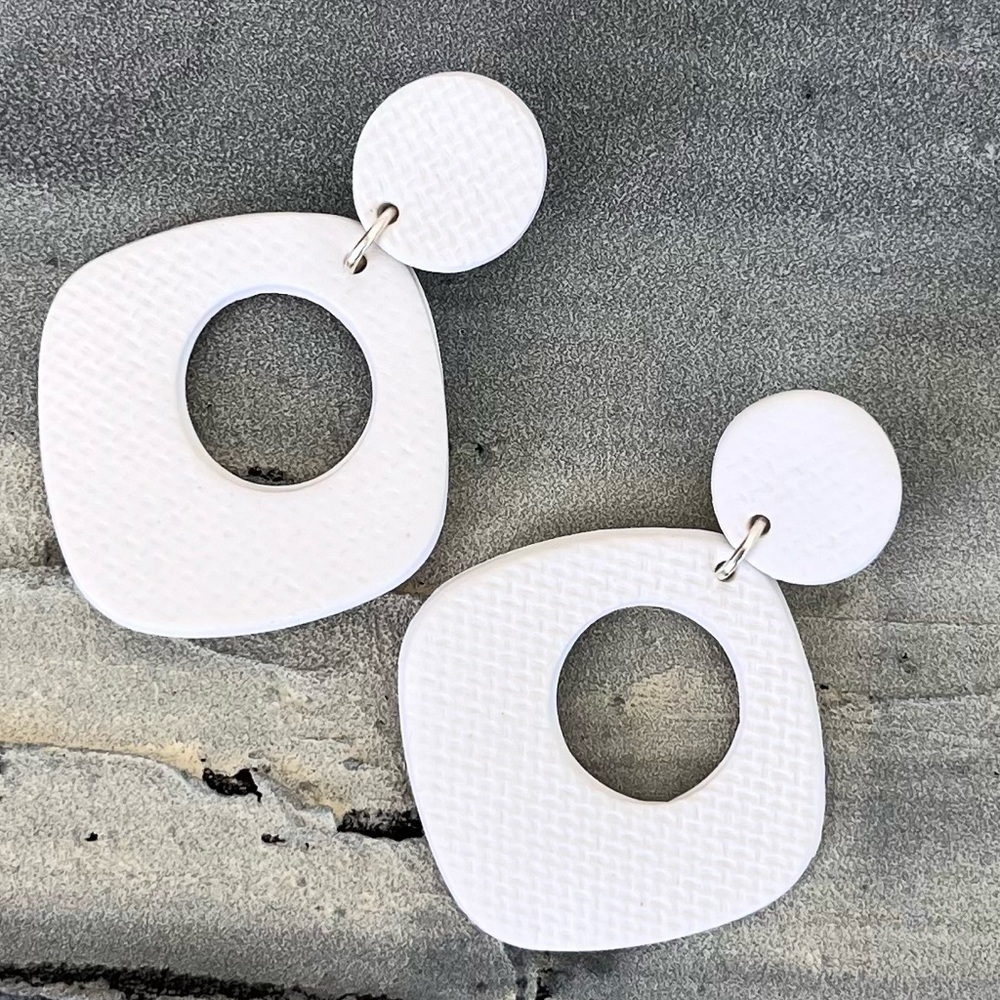 White Handmade Drop Earrings, Slightly Textured.